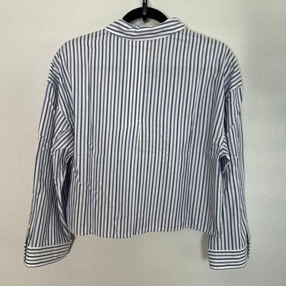 New Everlane Woven PJ Boxy Top Blue Stripe Cotton Button Front Long Sleeve Sz XS - Picture 4 of 5